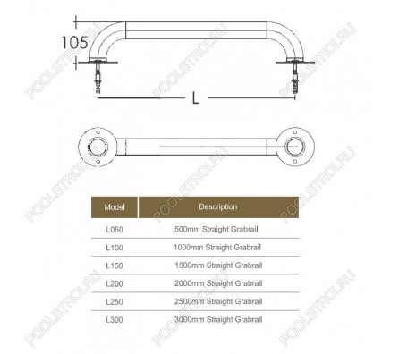 Поручень для бассейна Emaux 0.5m L050 AISI-316